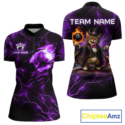 Magician Cat Flame Bowling Ball Funny Bowling Shirt For Women Custom Purple Thunder Bowling Team Jersey NYN4059