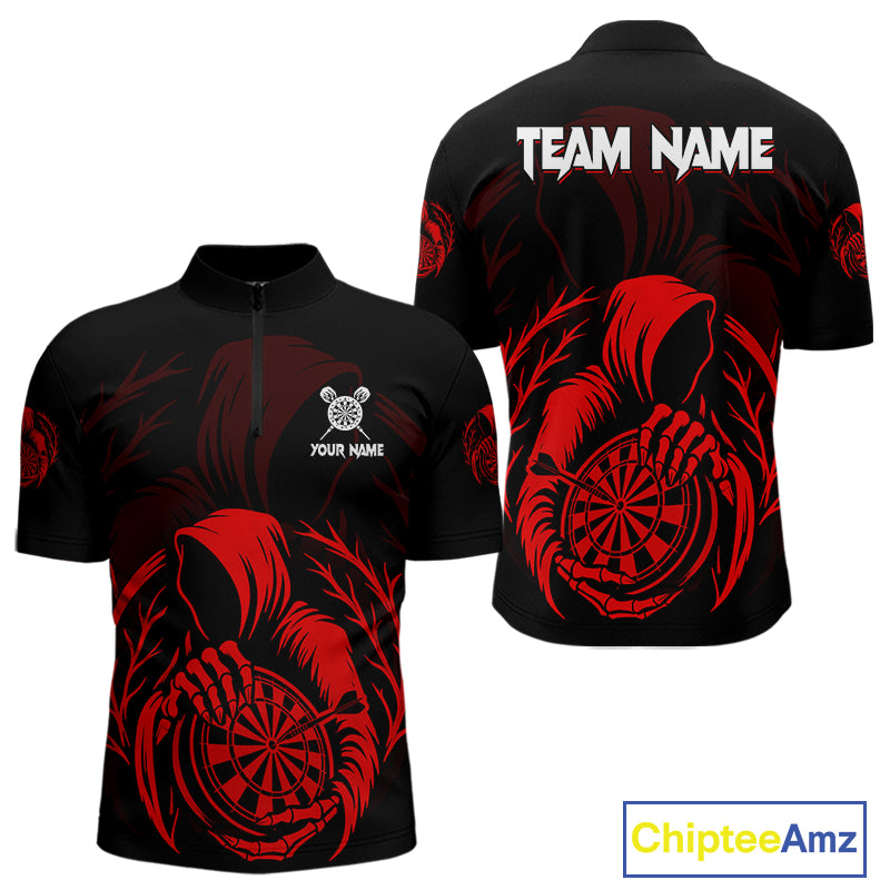 Custom Black And Red Grim Reaper Dartboard Dart Men 1/4-Zip Shirt Outfits Dart Jerseys NYN1636