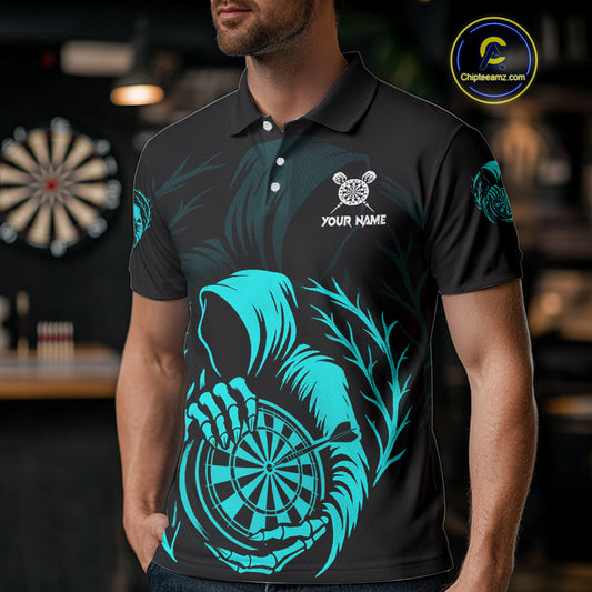 Custom Black And Turquoise Grim Reaper Dartboard Dart Men Polo Shirt Outfits Dart Jerseys NYN1638