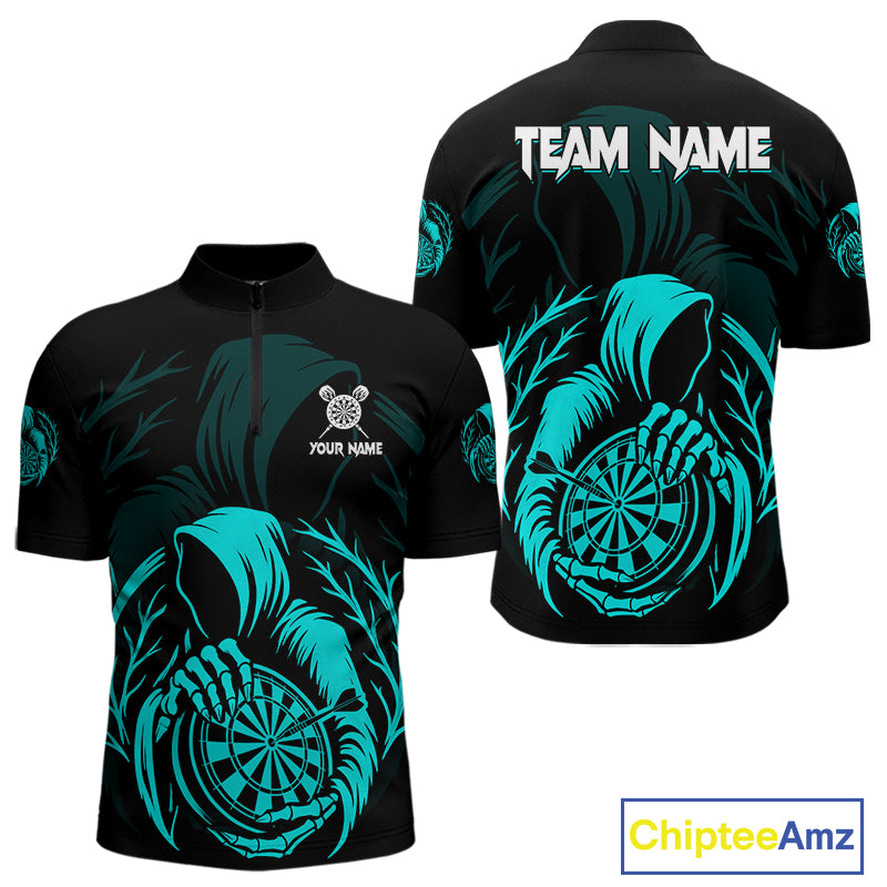 Custom Black And Turquoise Grim Reaper Dartboard Dart Men 1/4-Zip Shirt Outfits Dart Jerseys NYN1638