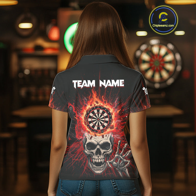 Red Skeleton Flames Cracked Dartboard Custom Women Darts Polo Shirt Dart Jerseys NYN1920