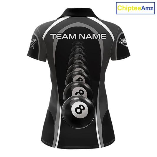 Black Blur 8 Ball Pool Polo & 1/4-Zip Team Shirt For Women Personalized Billiards Ball Apparel NYN2453