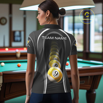 Black Blur 9 Ball Pool Polo & 1/4-Zip Team Shirt For Women Personalized Billiards Ball Apparel NYN2454