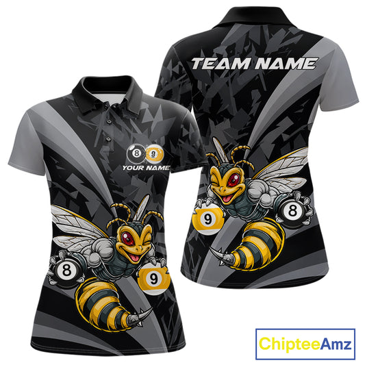 Grey Funny Bee women's billiard polo featuring adorable bee mascot, personalized 8 Ball & 9 Ball tournament jersey, APA cue sports apparel, custom pool league performance shirt, championship athletic uniform
