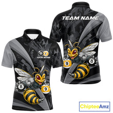 Load image into Gallery viewer, Grey Funny Bee men's billiard polo featuring cheerful bee artwork, personalized cue sports jersey, 8 Ball &amp; 9 Ball tournament apparel, championship pool league performance clothing
