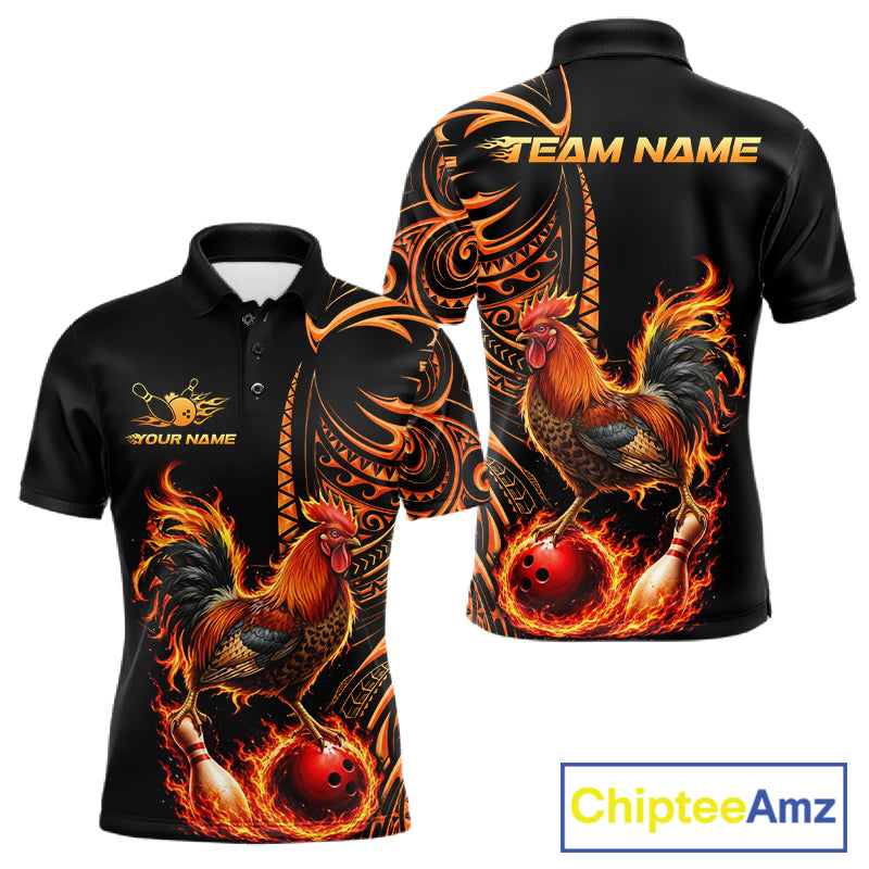 Personalized Flame Rooster Funny Bowling Shirts For Men, Orange Tribal Bowling Shirts Team Uniform NYN4076