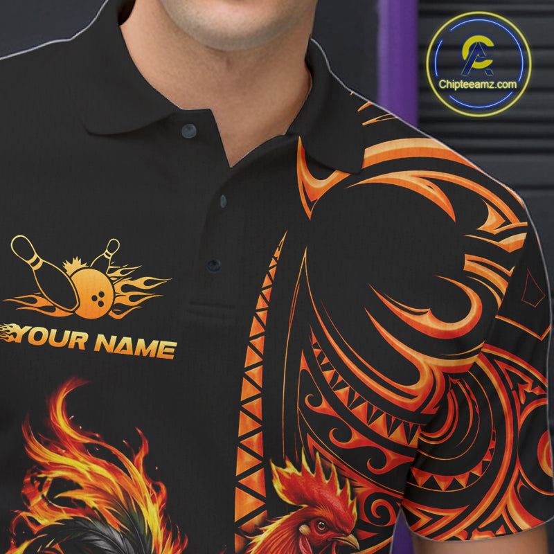 Personalized Flame Rooster Funny Bowling Shirts For Men, Orange Tribal Bowling Shirts Team Uniform NYN4076