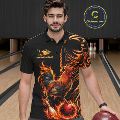 Personalized Flame Rooster Funny Bowling Shirts For Men, Orange Tribal Bowling Shirts Team Uniform NYN4076