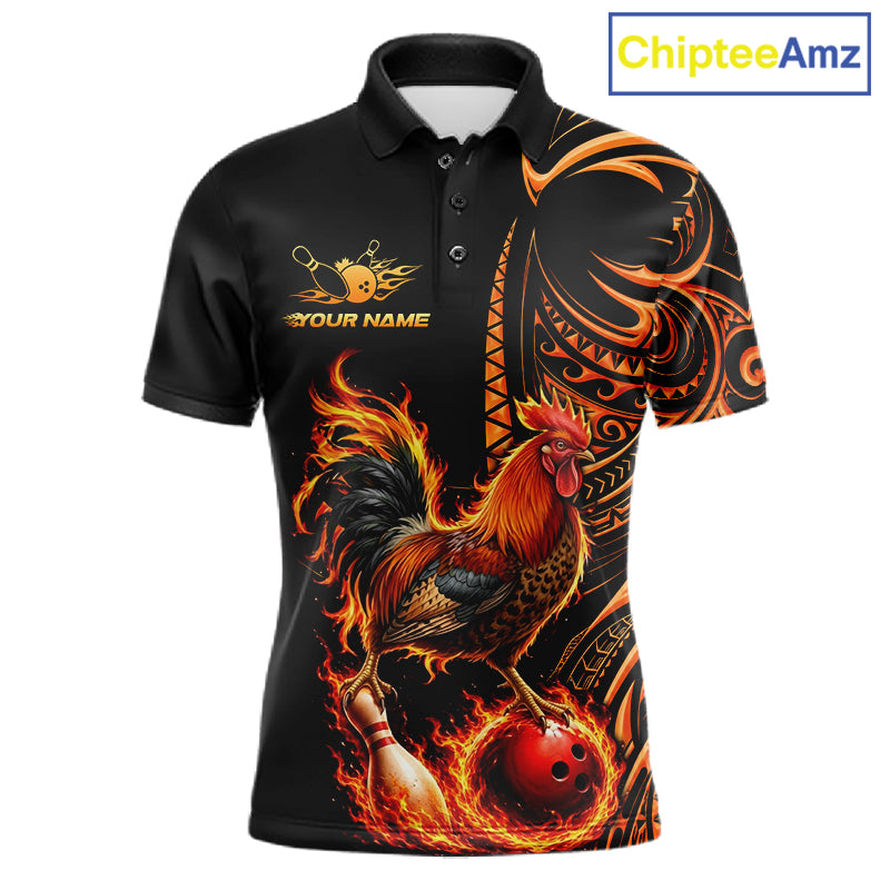 Personalized Flame Rooster Funny Bowling Shirts For Men, Orange Tribal Bowling Shirts Team Uniform NYN4076