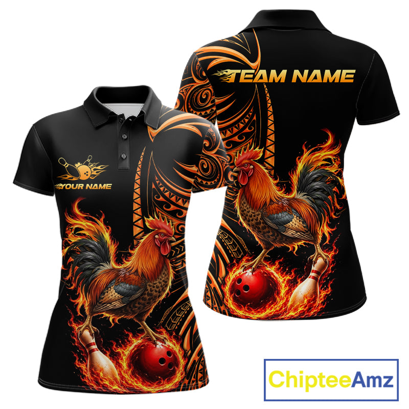 Personalized Flame Rooster Funny Bowling Shirts For Women, Orange Tribal Bowling Shirts Team Uniform NYN4076