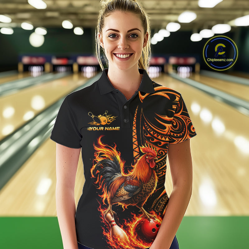 Personalized Flame Rooster Funny Bowling Shirts For Women, Orange Tribal Bowling Shirts Team Uniform NYN4076