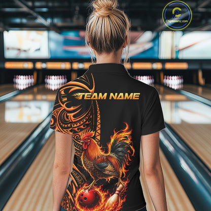 Personalized Flame Rooster Funny Bowling Shirts For Women, Orange Tribal Bowling Shirts Team Uniform NYN4076