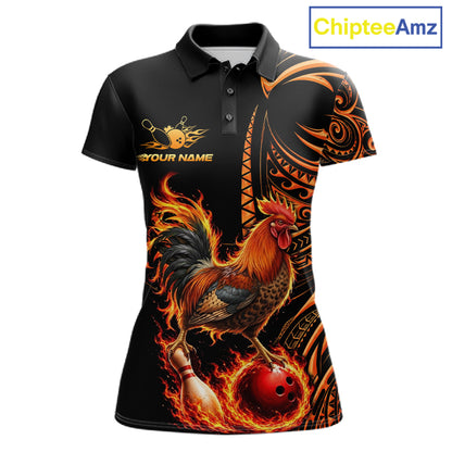 Personalized Flame Rooster Funny Bowling Shirts For Women, Orange Tribal Bowling Shirts Team Uniform NYN4076