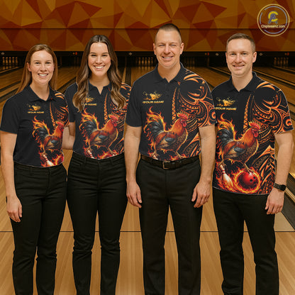 Personalized Flame Rooster Funny Bowling Shirts For Women, Orange Tribal Bowling Shirts Team Uniform NYN4076