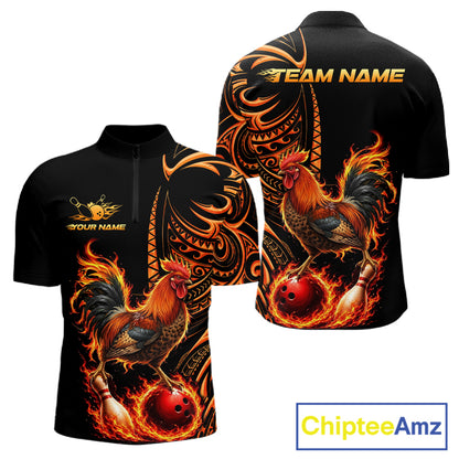Personalized Flame Rooster Funny Bowling Shirts For Men, Orange Tribal Bowling Shirts Team Uniform NYN4076
