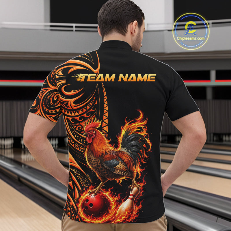Personalized Flame Rooster Funny Bowling Shirts For Men, Orange Tribal Bowling Shirts Team Uniform NYN4076