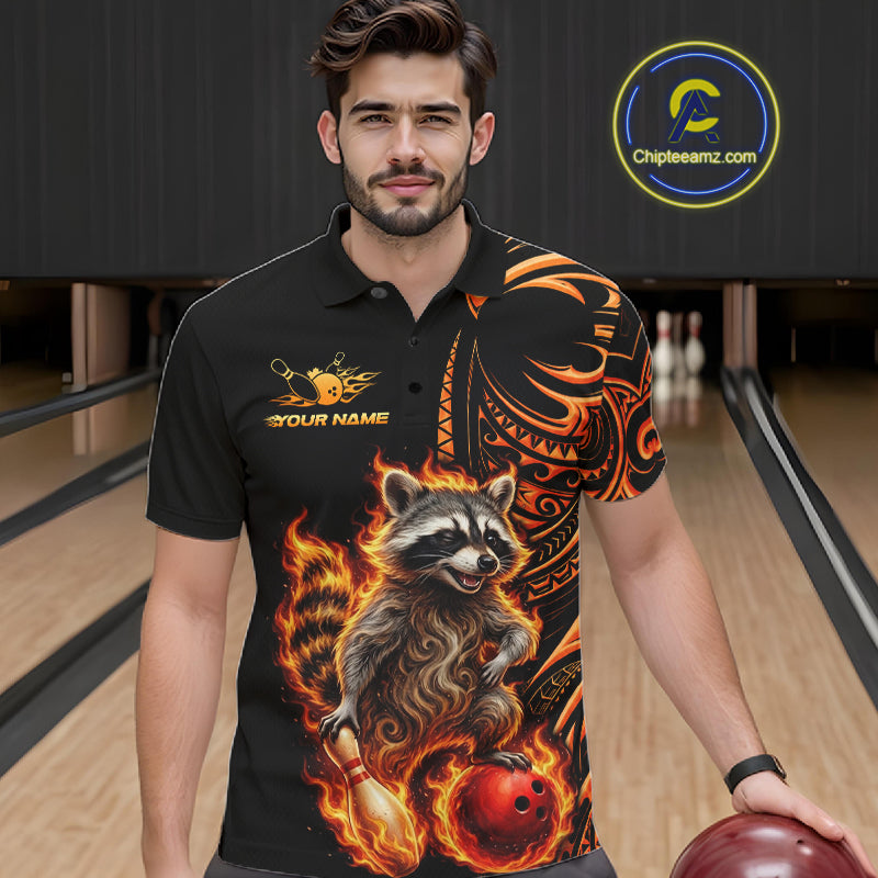 Personalized Flame Raccoon Funny Bowling Shirts For Men, Orange Tribal Bowling Shirts Team Uniform NYN4077
