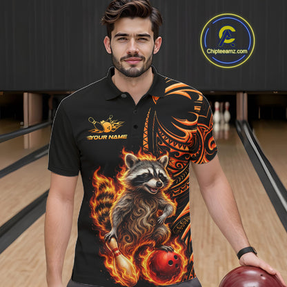 Personalized Flame Raccoon Funny Bowling Shirts For Men, Orange Tribal Bowling Shirts Team Uniform NYN4077