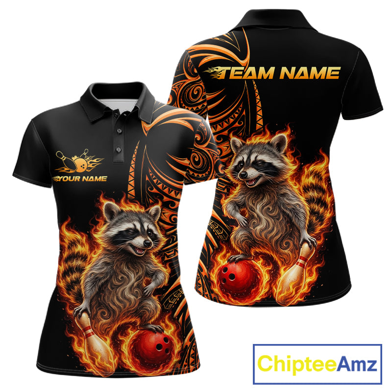 Personalized Flame Raccoon Funny Bowling Shirts For Women, Orange Tribal Bowling Shirts Team Uniform NYN4077