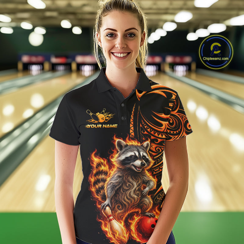 Personalized Flame Raccoon Funny Bowling Shirts For Women, Orange Tribal Bowling Shirts Team Uniform NYN4077