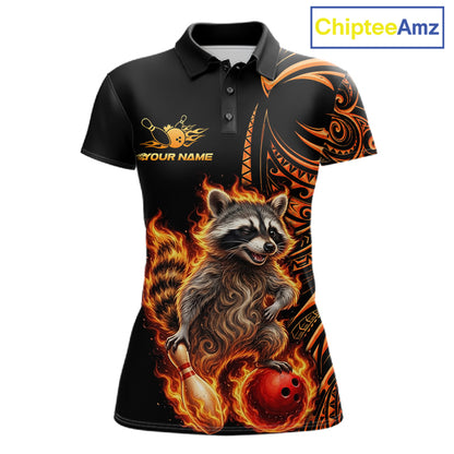 Personalized Flame Raccoon Funny Bowling Shirts For Women, Orange Tribal Bowling Shirts Team Uniform NYN4077