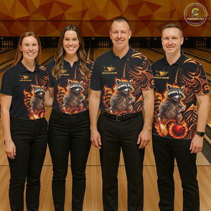 Personalized Flame Raccoon Funny Bowling Shirts For Men, Orange Tribal Bowling Shirts Team Uniform NYN4077