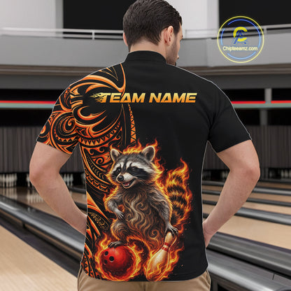 Personalized Flame Raccoon Funny Bowling Shirts For Men, Orange Tribal Bowling Shirts Team Uniform NYN4077