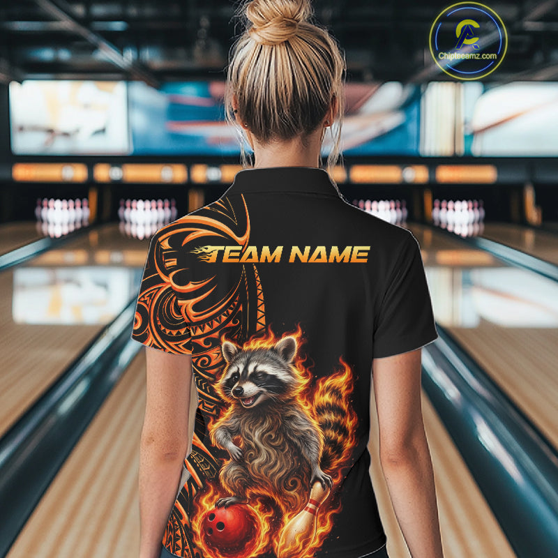 Personalized Flame Raccoon Funny Bowling Shirts For Women, Orange Tribal Bowling Shirts Team Uniform NYN4077