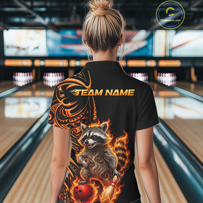 Personalized Flame Raccoon Funny Bowling Shirts For Women, Orange Tribal Bowling Shirts Team Uniform NYN4077