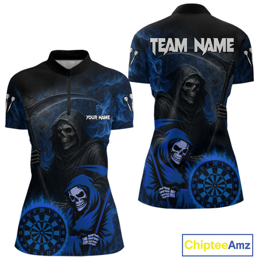 Custom Blue Smokes Flame Dartboard Grim Reaper Dart Women Quarter-Zip Jerseys Dart Team Shirt NYN1655