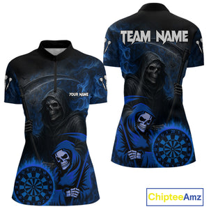 Custom Blue Smokes Flame Dartboard Grim Reaper Dart Women Quarter-Zip Jerseys Dart Team Shirt NYN1655