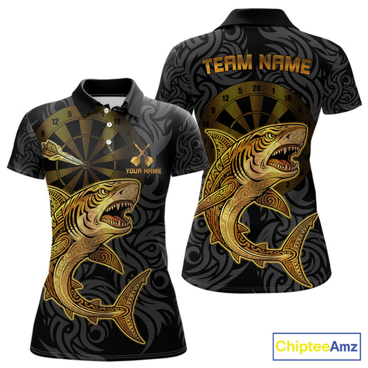 Personalized Black & Gold Funny Shark Tribal Dart Polo Shirts Women Dart Team Jerseys NYN2186