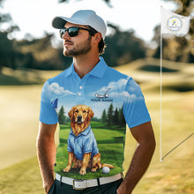 Load image into Gallery viewer, Man wearing Golden Retriever golf polo shirt on golf course matching couples golf outfit