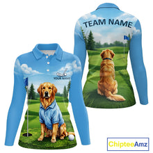 Load image into Gallery viewer, Women's Golden Retriever golf long sleeve polo shirt mockup custom funny golf shirt matching couples golf apparel