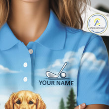 Load image into Gallery viewer, Woman wearing Golden Retriever golf polo shirt on golf course matching couples golf outfit