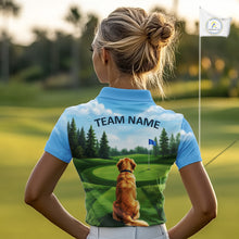 Load image into Gallery viewer, Woman wearing Golden Retriever golf polo shirt on golf course matching couples golf outfit