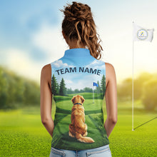 Load image into Gallery viewer, Woman wearing Golden Retriever golf sleeveless polo shirt on golf course matching couples golf outfit