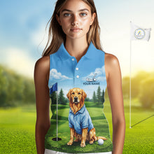 Load image into Gallery viewer, Woman wearing Golden Retriever golf sleeveless polo shirt on golf course matching couples golf outfit