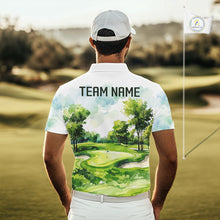 Load image into Gallery viewer, Man wearing watercolor golf course golf polo shirt on fairway