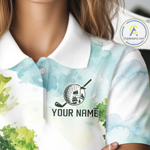 Load image into Gallery viewer, Woman wearing watercolor golf course golf polo shirt on fairway