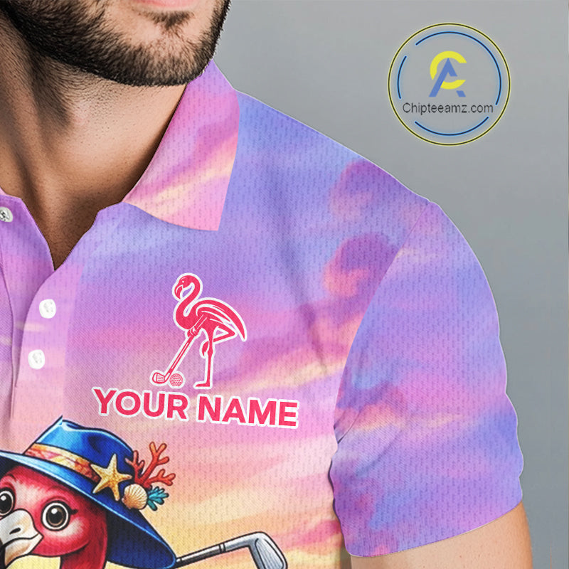 Man wearing flamingo island golf polo shirt on golf course