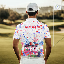 Load image into Gallery viewer, Male golfer wearing patriotic flamingo golf polo during championship tournament, moisture-wicking golf apparel representing leadership, freedom, confidence and national pride