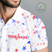 Load image into Gallery viewer, Male golfer wearing patriotic flamingo golf polo during championship tournament, moisture-wicking golf apparel representing leadership, freedom, confidence and national pride
