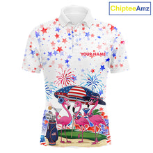 Load image into Gallery viewer, Men's golf polo mockup featuring American Flag with pink flamingo graphics, personalized golf shirt for patriotic golf tournaments, golf teams and country club championships. Appeals to American pride, beach lifestyle and tropical fashion lovers.