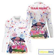 Load image into Gallery viewer, Women's patriotic golf polo mockup featuring American Flag and pink flamingo artwork, custom golf apparel for women's golf tournaments, 4th of July golf outings and country clubs.
