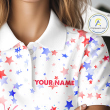 Load image into Gallery viewer, Female golfer wearing patriotic flamingo golf polo during Independence Day golf event, premium golf apparel for patriotic golfers and tropical fashion enthusiasts.