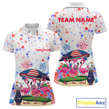 Load image into Gallery viewer, Women's patriotic golf polo mockup featuring American Flag and pink flamingo artwork, custom golf apparel for women's golf tournaments, 4th of July golf outings and country clubs.