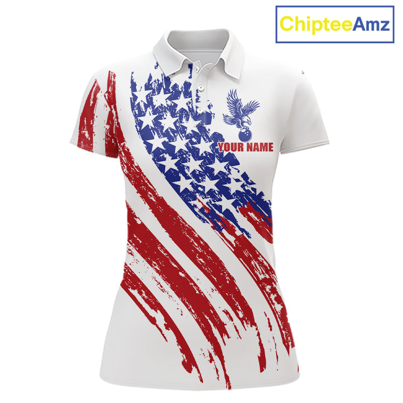 Woman wearing Custom Grunge American Flag Eagle Bowling Polo Shirt featuring distressed USA flag, vintage eagle artwork, personalized bowling team uniform, patriotic bowling apparel, custom league jersey, Americana fashion, outdoor sportswear.