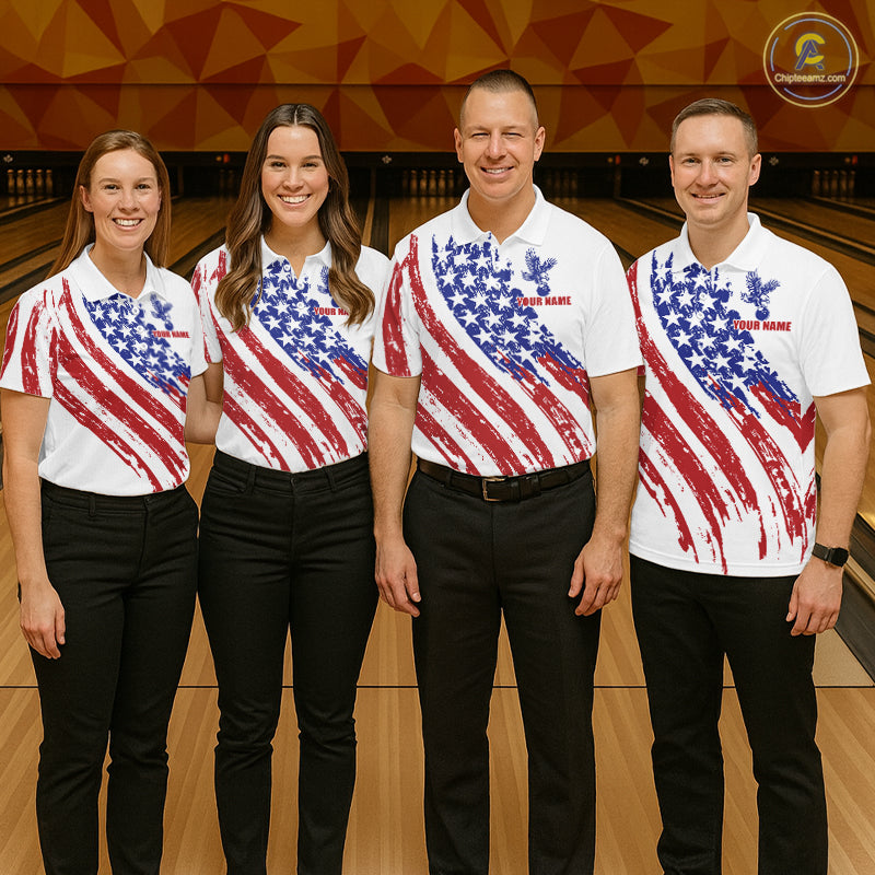 Bowling team wearing matching Grunge American Flag Eagle jerseys for league tournament, patriotic sports event, corporate team building, military appreciation, American heritage celebration, bowling championship apparel.