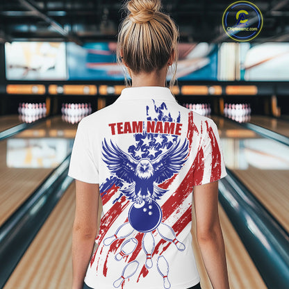 Female athlete modeling vintage patriotic eagle bowling shirt in bowling alley, Americana aesthetic, freedom symbol, custom bowling fashion, patriotic sports outfit, Memorial Day, Veterans Day apparel.